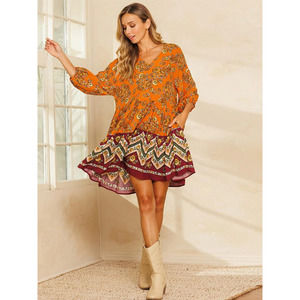 Rust Orange 3/4 Sleeve Mixed Print V-Neck Boho Dress L